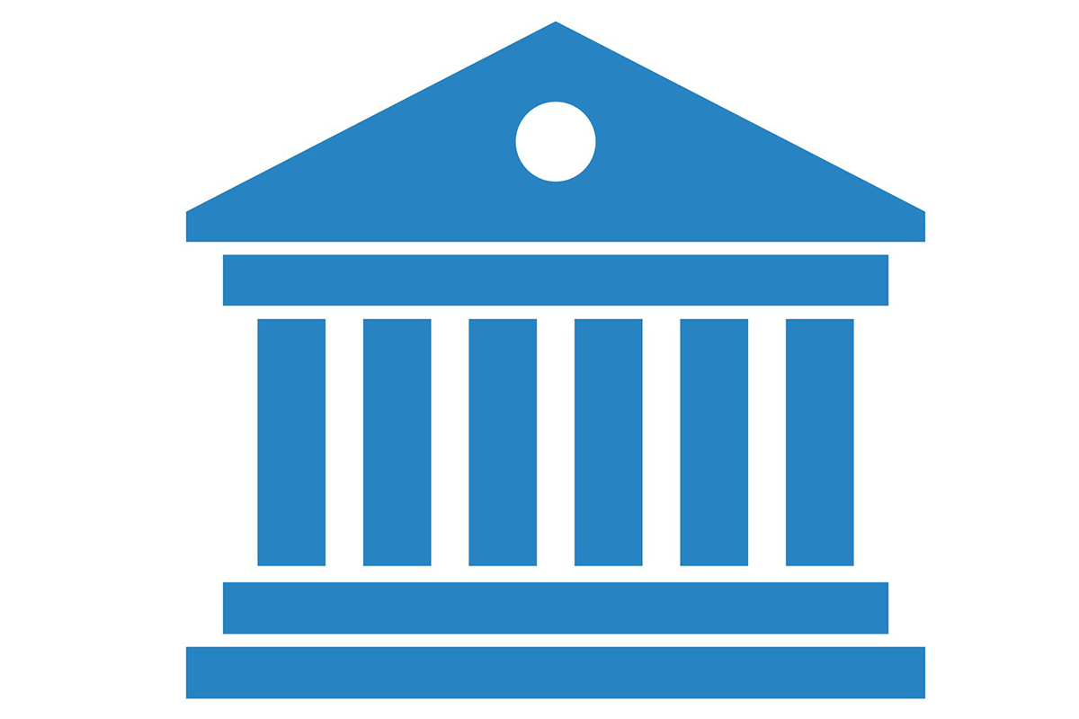 Blue design of a bank to represent HOA lockboxes done through banks