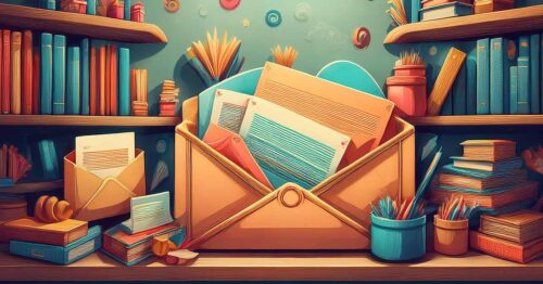 Envelope with letters coming out of it on a desk with books around it