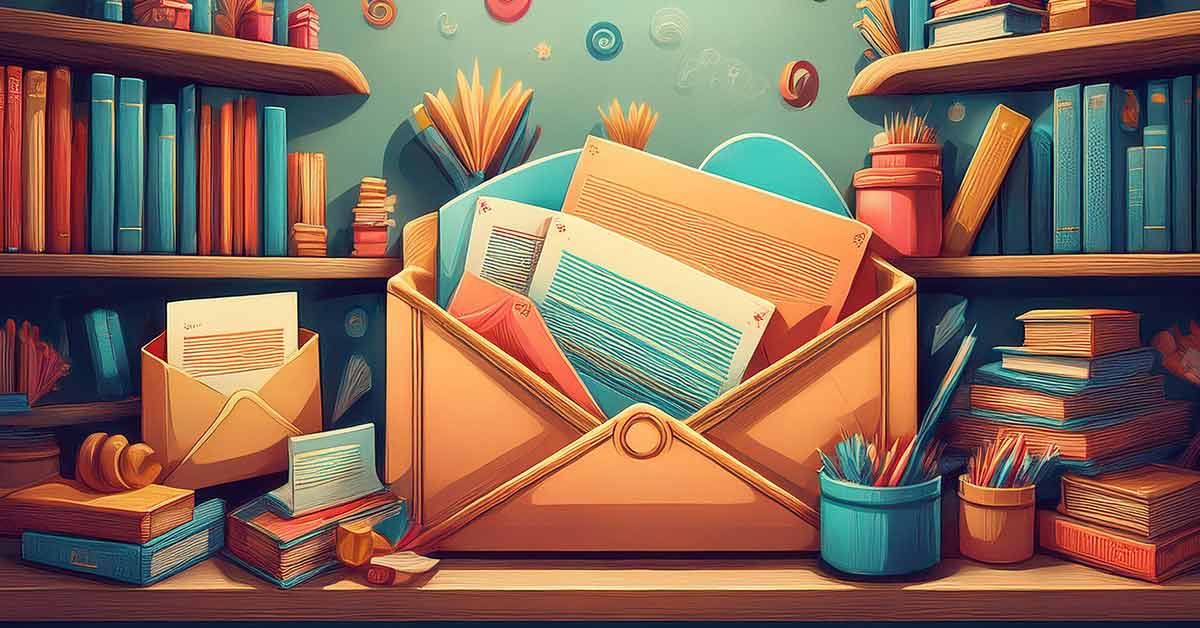 Envelope with letters coming out of it on a desk with books around it